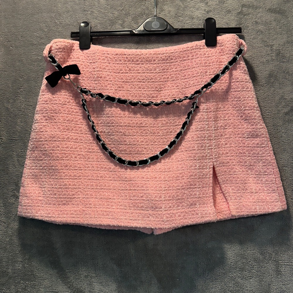 Avec Les Filles Skort Women 14 Pink NWT Tweed Chain Belt Front Slit 85669